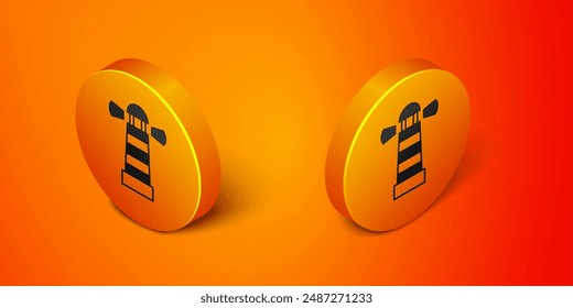 Isometric Lighthouse icon isolated on orange background. Orange circle button. Vector