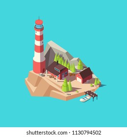 Isometric lighthouse. Island with tower and house, trees and boat at sea. 3d lighthouse tower vector illustration. Light house in sea, isometric tower and island