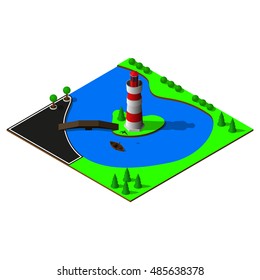 Isometric lighthouse on the 3d map. Map includes river, lake, lighthouse, central quay, bridge, rowing boat, markings and greenery. 3d map elements.