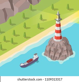 Isometric lighthouse on rock and ship vector