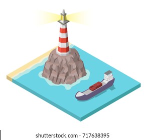 Isometric lighthouse on rock and ship vector