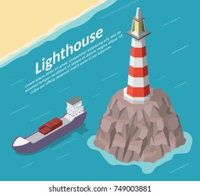 Isometric lighthouse on rock and ship vector
