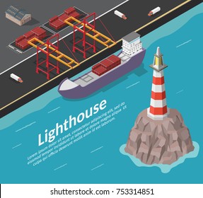 Isometric lighthouse on rock and ship vector