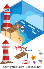 isometric lighthouse and the sea vector icon set
