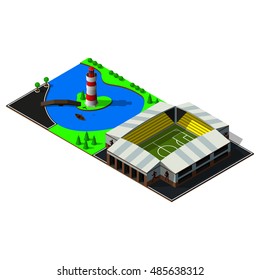 Isometric lighthouse and stadium on the 3d map. Map includes stadium, river, lake, lighthouse, central quay, bridge, rowing boat, markings and greenery. 3d map elements.