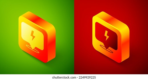 Isometric Lightning bolt icon isolated on green and red background. Flash sign. Charge flash icon. Thunder bolt. Lighting strike. Square button. Vector