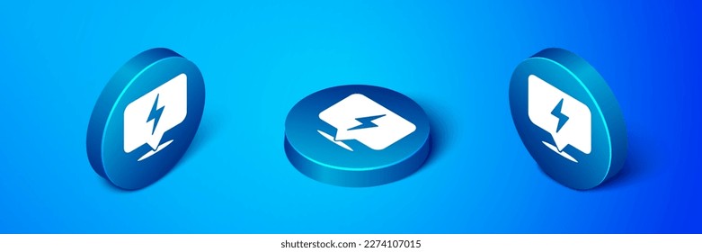 Isometric Lightning bolt icono aislado en el fondo azul. Icono de Flash. Icono de flash de carga. Tornillo de trueno. Ataque de iluminación. Botón de círculo azul. Vector