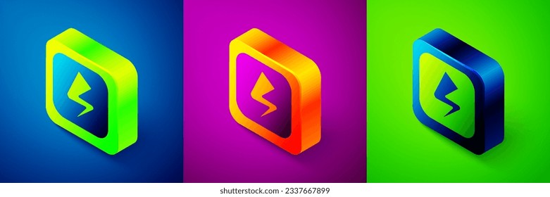 Isometric Lightning bolt icon isolated on blue, purple and green background. Flash sign. Charge flash icon. Thunder bolt. Lighting strike. Square button. Vector