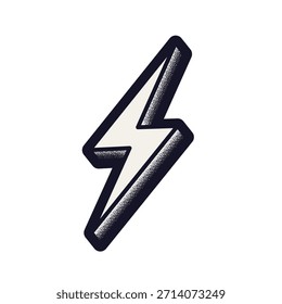 Icono de rayo isométrico. Ilustración vectorial monocromática retro con textura de grano que representa conceptos de energía, potencia, electricidad, velocidad y alto voltaje.