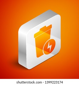Isometric Lightning with trash can icon isolated on orange background. Waste to energy. Garbage bin sign. Recycle basket sign. Silver square button. Vector Illustration