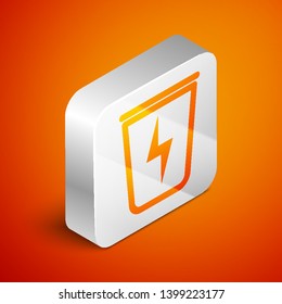 Isometric Lightning with trash can icon isolated on orange background. Waste to energy. Garbage bin sign. Recycle basket sign. Silver square button. Vector Illustration
