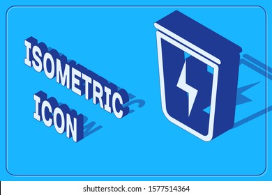 Isometric Lightning with trash can icon isolated on blue background. Waste to energy. Garbage bin sign. Recycle basket sign.  Vector Illustration