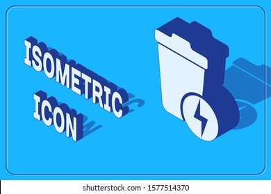 Isometric Lightning with trash can icon isolated on blue background. Waste to energy. Garbage bin sign. Recycle basket sign.  Vector Illustration
