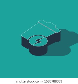 Isometric Lightning with trash can icon isolated on green background. Waste to energy. Garbage bin sign. Recycle basket sign.  Vector Illustration