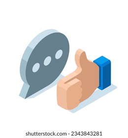 isometric like and comment icon in color on white background, good comment or review