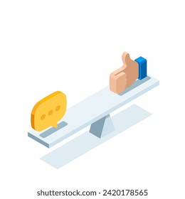 isometric like and comment on scales, in color on a white background, activity on the Internet and social networks