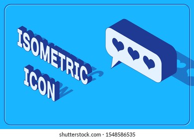 Isometric Like and heart icon isolated on blue background. Counter Notification Icon. Follower.  Vector Illustration