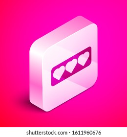 Isometric Like and heart icon isolated on pink background. Counter Notification Icon. Follower Insta. Silver square button. Vector Illustration