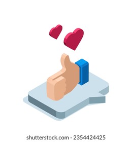 isometric like and heart icon on text bubble in color on white background, social media or internet praise