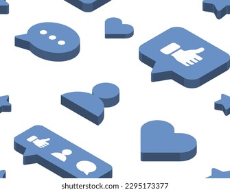 Isometric like icons pattern. Repeating design element with reactions and speech bubble. Communication and interaction in social networks. Profile avatar, thumbs up and heart. Vector illustration