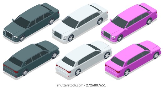 Conjunto de coche de limusina isométrica en diferentes colores, transporte de lujo visto desde ángulos delantero y trasero. Concepto de vehículo Premium para negocios, seguridad, viajes VIP, servicio de chofer y élite
