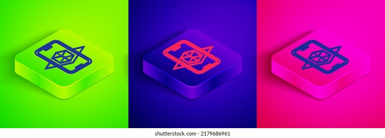 Isometric line 3d modeling icon isolated on green, blue and pink background. Augmented reality or virtual reality. Square button. Vector