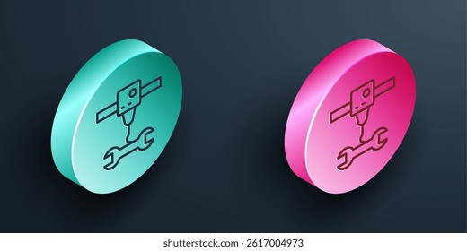 Isometric line 3D printer wrench spanner icon isolated on black background. 3d printing. Turquoise and pink circle button. Vector