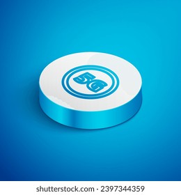 Isometric line 5G new wireless internet wifi connection icon isolated on blue background. Global network high speed connection data rate technology. White circle button. Vector