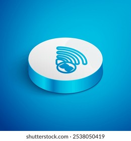 Isometrische Linie 5G neue WLAN-Internetverbindung Symbol einzeln auf blauem Hintergrund. Globale Hochgeschwindigkeits-Netzwerk-Datenratentechnologie. Weißer Kreis-Button. Vektorgrafik