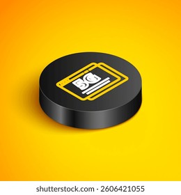 Isometric line 5G new wireless internet wifi connection icon isolated on yellow background. Global network high speed connection data rate technology. Black circle button. Vector