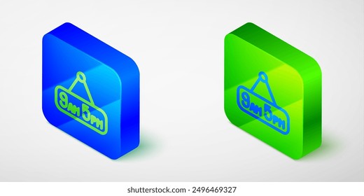 Isometric line From 9 to 5 job icon isolated grey background. Concept meaning work time schedule daily routine classic traditional employment. Blue and green square button. Vector