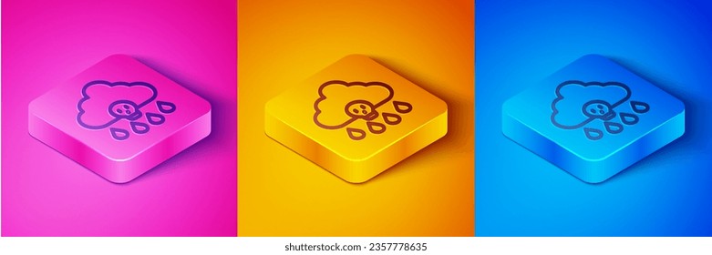 Isometric line Acid rain and radioactive cloud icon isolated on pink and orange, blue background. Effects of toxic air pollution on the environment. Square button. Vector