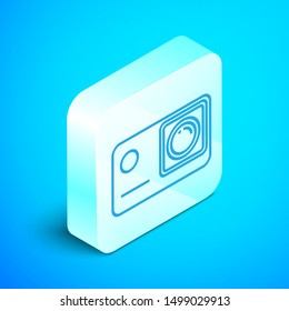 Isometric line Action extreme camera icon isolated on blue background. Video camera equipment for filming extreme sports. Silver square button. Vector Illustration