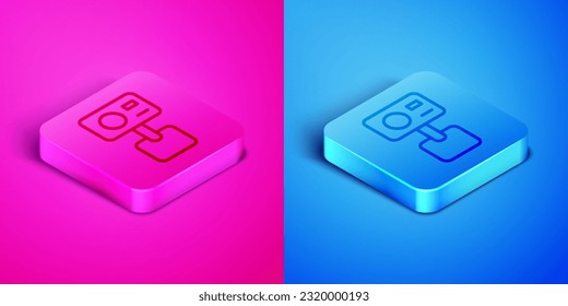 Isometric line Action extreme camera icon isolated on pink and blue background. Video camera equipment for filming extreme sports. Square button. Vector
