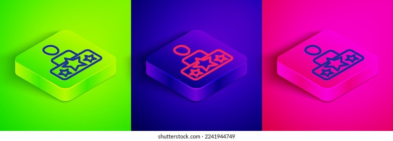Isometric line Actor star icon isolated on green, blue and pink background. Square button. Vector