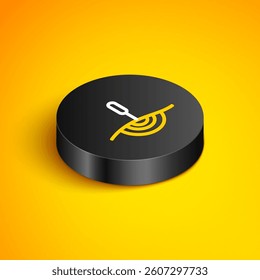 Isometric line Acupuncture therapy icon isolated on yellow background. Chinese medicine. Holistic pain management treatments. Black circle button. Vector