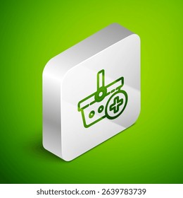 Isometric line Add to Shopping basket icon isolated on green background. Online buying concept. Delivery service. Supermarket basket symbol. Silver square button. Vector Illustration