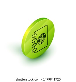 Isometric line Address book icon isolated on white background. Notebook, address, contact, directory, phone, telephone book icon. Green circle button. Vector Illustration