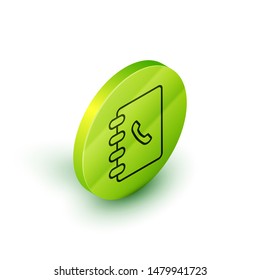 Isometric line Address book icon isolated on white background. Notebook, address, contact, directory, phone, telephone book icon. Green circle button. Vector Illustration