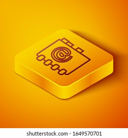 Isometric line Address book icon (icono de la libreta de direcciones de línea isométrica aislado en fondo naranja). Portátil, dirección, contacto, directorio, teléfono, icono de libreta de teléfonos. Botón cuadrado amarillo.  Ilustración vectorial