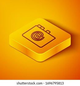 Isometric line Address book icon isolated on orange background.  telephone book icon. Yellow square button. Vector Illustration