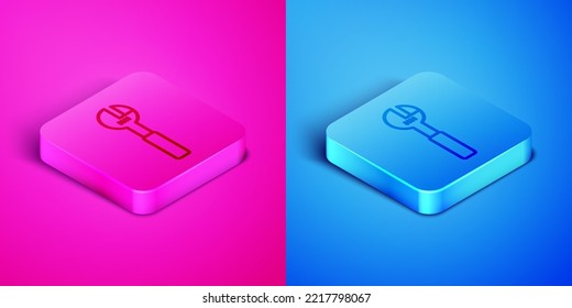 Línea isométrica Icono de la llave inglesa ajustable aislado en fondo rosa y azul. Botón cuadrado. Ilustración vectorial