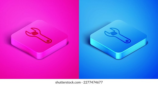 Línea isométrica Icono de la llave inglesa ajustable aislado en fondo rosa y azul. Botón cuadrado. Vector