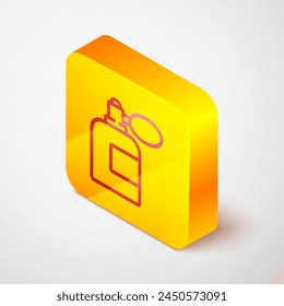 Isometric line Aftershave bottle with atomizer icon isolated on grey background. Cologne spray icon. Male perfume bottle. Yellow square button. Vector Illustration