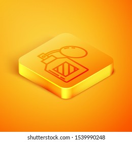 Isometric line Aftershave icon isolated on orange background. Cologne spray icon. Male perfume bottle. Orange square button. Vector Illustration