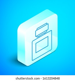 Isometric line Aftershave icon isolated on blue background. Cologne spray icon. Male perfume bottle. Silver square button. Vector Illustration