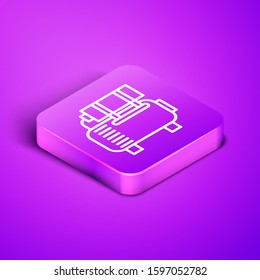 Isometric line Air compressor icon isolated on purple background. Purple square button. Vector Illustration
