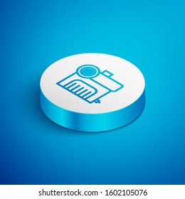 Isometric line Air compressor icon isolated on blue background. White circle button. Vector Illustration