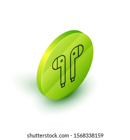 Isometric line Air headphones icon icon isolated on white background. Holder wireless in case earphones garniture electronic gadget. Green circle button. Vector Illustration