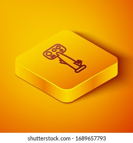 Isometric line Aircraft steering helm icon isolated on orange background. Aircraft control wheel. Yellow square button. Vector Illustration